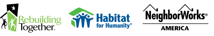 Logos of Rebuilding Together, Habitat for Humanity, NeighborhoodWorks America