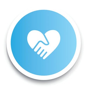 Blue and white round Icon - two hands creating one heart