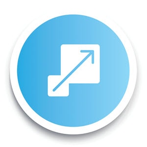 Blue and white Icon - small square with arrow to larger square