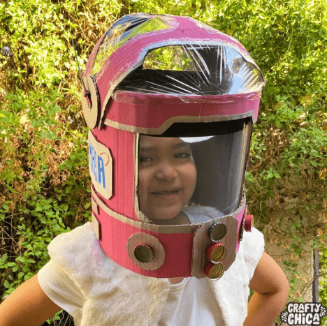Astronaut helmet recycled pizza box mask