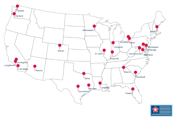 US map with red dots showing areas of Republic Services Charitable Giving to date