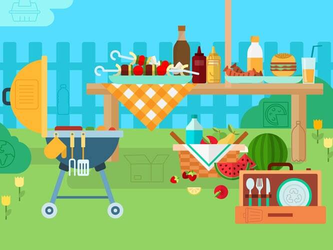 image of a bbq with food, grill, and tables