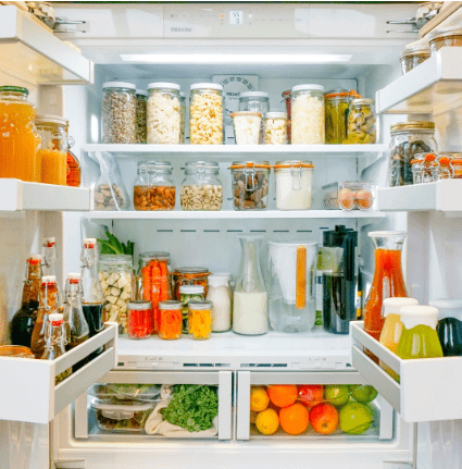 organized fridge with reusable containers