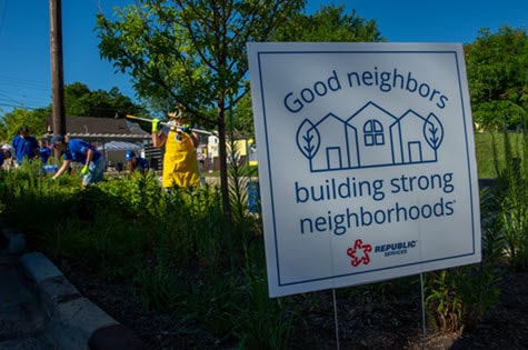 Sign reads good-neighbors-building-strong-neighborhoods
