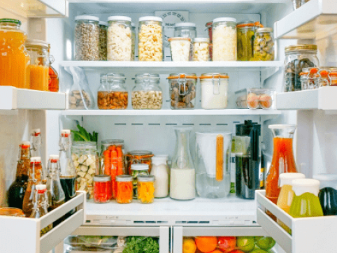organized fridge with reusable containers 