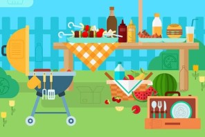 image of a bbq with food, grill, and tables