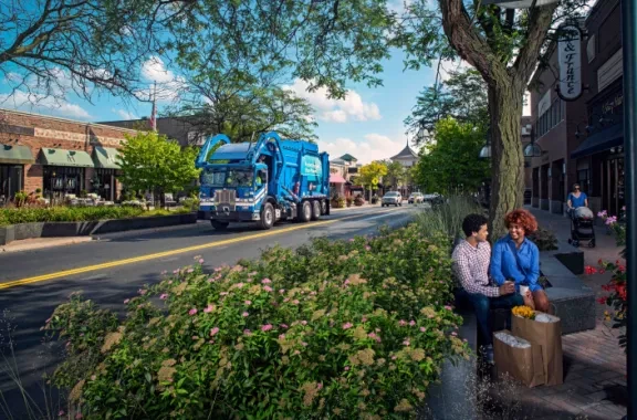 Republic Services truck in a neighborhood commercial district