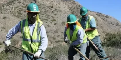 Workers wearing hard hats and using shovels